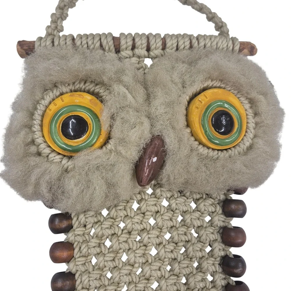 Vintage Macrame Owl Wall Hanging Boho Wood Bead‎ Tassel Decor Beige 17 Inch